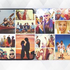 May include: A collage of photos printed on a black case for a tablet. The photos show a group of friends having fun at the beach, on a boat, and at a party. The case has a black border and a white background.