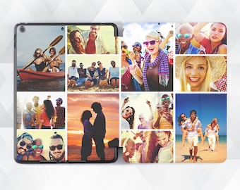 Puede incluir: Una funda negra para tableta con un collage de fotos. Las fotos muestran a un grupo de amigos divirtiéndose en la playa, en un barco y en una fiesta. La funda tiene un borde negro y un fondo blanco.