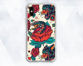 Tattoo iPhone case Retro Men iPhone 11 Pro XR X 8 7 Art Roses case for Galaxy s20 Plus Pixel 3a Old School Cat  Snake Flowers Design cover