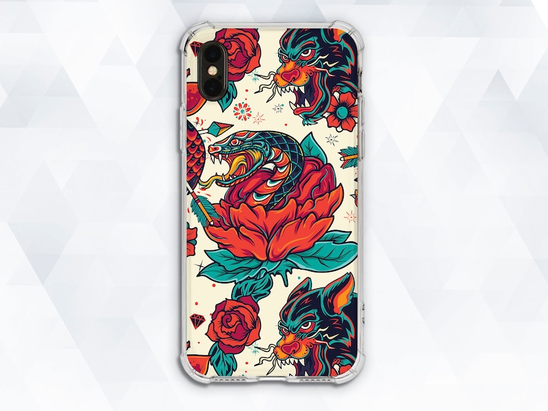May include: A clear phone case with a colorful design featuring a snake, flowers, and two black panther heads. The design is reminiscent of traditional tattoo art.