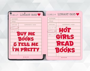 Cute iPad case Library card iPad Air 11 inch iPad a16 10th 9th Pro 13 Mini 7 Girly pink red design with quotes for reader Book lover cover