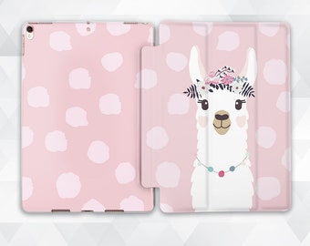 Llama iPad case Kids Girls iPad 9.7 10.2 Cute Kawaii iPad Pro 11 10.5 12.9 Mini 5 Air 3 with Flowers Funny Animal Girly Dots Pattern cover