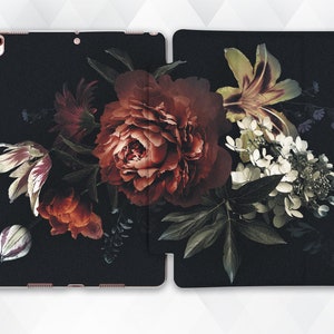 Flowers iPad case Girl Vintage iPad 9.7 10.2 8th Pro 11 10.5 12.9 Air 4 2020 Mini 5 Cute Floral Art Aesthetic Red Peony Nature Black cover