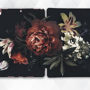 Flowers iPad case Girl Vintage iPad 9.7 10.2 8th Pro 11 10.5 12.9 Air 4 2020 Mini 5 Cute Floral Art Aesthetic Red Peony Nature Black cover