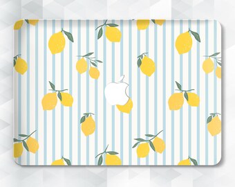 Lemons MacBook case Blue stripe MacBook Air 13 m5 Air 15 Neo 2026 Pro 14 13 16 Aesthetic cute striped design with yellow lemons Fruit cover