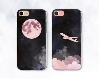 Stars iPhone case Couple Girl iPhone XR Xs 8 7 Cute Travel case for Galaxy s10 Plus s9 Pixel 3 Pink Moon Clouds Sky Night Plane Illustration