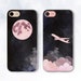 Stars iPhone case Couple Girl iPhone XR Xs 8 7 Cute Travel case for Galaxy s10 Plus s9 Pixel 3 Pink Moon Clouds Sky Night Plane Illustration