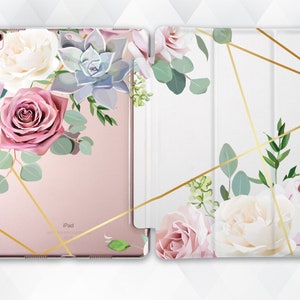Flowers iPad case Cute Girl iPad 9.7 10.2 Pro 11 10.5 12.9 Air 4 2020 Mini 5 Floral Roses Geometric Gold Lines Kawaii Aesthetic Girly cover