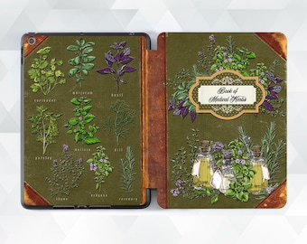 Étui pour iPad livre esthétique vintage iPad Air 5e iPad 10e 9e Pro 12,9 11 iPad 10,2 10,9 Mini 6 plantes Couverture livre floral ancien d'herbes médicinales