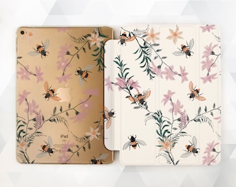 Bee iPad case 6th gen Floral Girl iPad 9.7 2018 Cute Flowers iPad Pro 11 10.5 12.9 inch Mini 4 Air 3 Pink Leaf Insect Bug Leaves Smart Cover