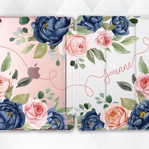 Name iPad case Floral Custom iPad 10.2 9.7 Pro 11 10.5 12.9 Air 4 Mini 6 for Girl Personalized Cute Flowers Aesthetic Pink Blue Roses cover