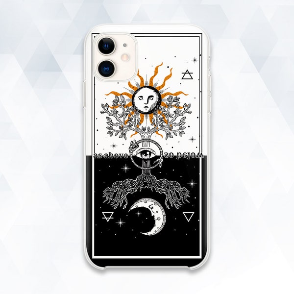 Tree iPhone case Moon Sun iPhone 12 11 XR 8 with Quote Eye Galaxy s21 Pixel 5 Vintage Aesthetic Art Mystical Goth Black White Witch cover