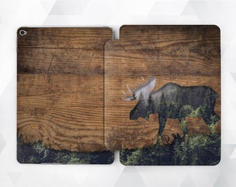 Wood iPad case Moose Trees iPad 9.7 6th gen 2018 Animal Men iPad Pro 11 10.5 12.9 Mini 5 Air 3 2019 Nature Elk Rustic Forest Smart Cover