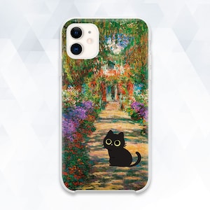 May include: A phone case with a colorful painting of a garden scene. A black cat with yellow eyes is sitting in the middle of the path.