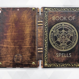 May include: A brown leather iPad case with a gold embossed design. The front cover features a gold circle with a pentagram inside and the words "BOOK OF SPELLS".