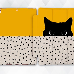 Cat iPad case Cute Abstract iPad 10th 10.2 9.7 Pro 11 10.5 12.9 Air 5 4 Mini 6 Aesthetic Black Cat Dots Funny Animal Trendy Yellow cover
