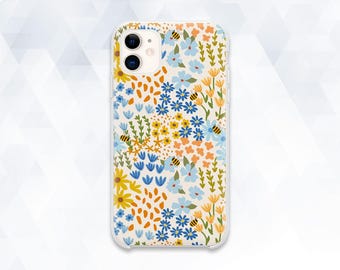 Bonita funda para iPhone Flores azules iPhone 15 iPhone 14 Estética iPhone 13 12 Galaxy s24 Pixel 8 Moderna floral Flores naranjas y amarillas Abejas