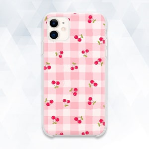 Kawaii iPhone case Cute Cherries iPhone 13 12 11 XR 8 case for Girl Galaxy s21 Pixel 6 Aesthetic Trendy Pink Plaid Checkered Design cover