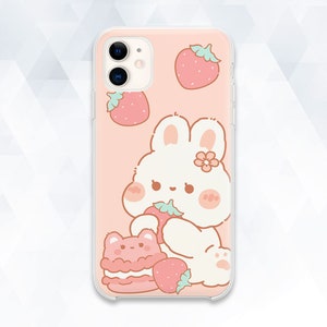 Funda para iPhone con diseño de conejito Kawaii, moderna funda para iPhone 15, iPhone 14, fresa, iPhone 13, 12, Galaxy S23, Pixel 8, diseño de dibujos animados de animales lindos para niñas