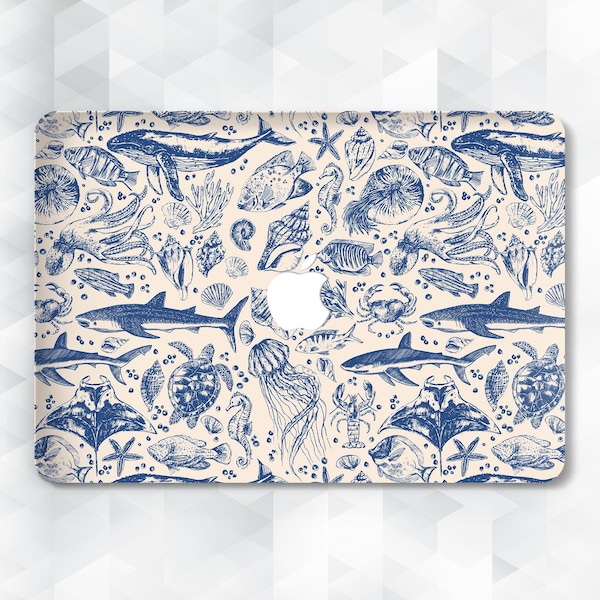 オーシャン柄MacBookケース 自然の美しさ MacBook Air 13インチ/m4 Air 15インチ Pro 13インチ/14インチ/16インチ 海の生き物 ジンベエザメ 魚 貝殻 ブルー ベージュ カバー