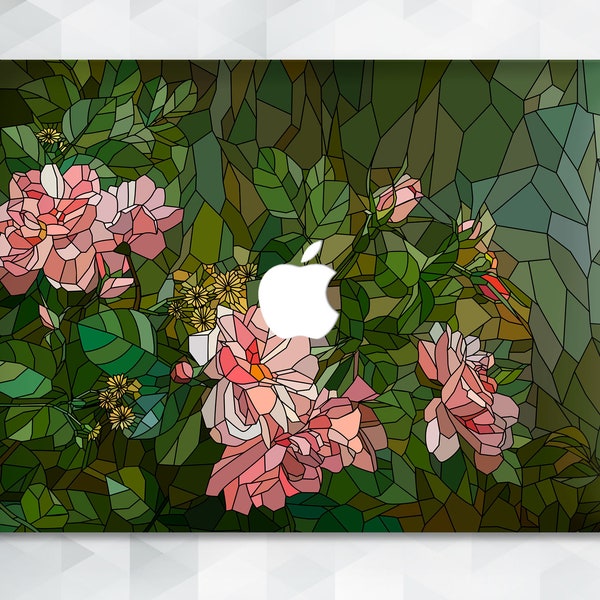 Flowers MacBook case Pink Roses MacBook Pro 14 13 16 2023 Air 13 12 15 for Women Aesthetic Floral Art Mosaic Style Green Design Trendy cover