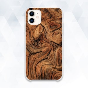 May include: A phone case with a wood grain pattern. The case is white and has a clear back that shows the wood grain pattern. The case has a camera cutout and a cutout for the phone's buttons.
