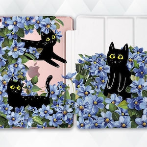 Cats iPad case Cute Animals iPad 10.2 10th 9.7 Pro 11 10.5 12.9 Air 5 Mini 6 for Girls Kawaii Black Cat Blue Flowers Aesthetic Floral cover