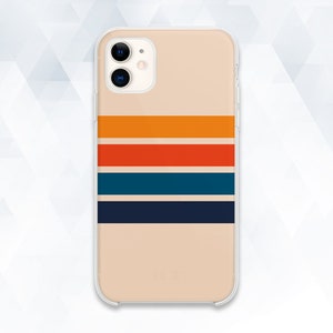 May include: A clear phone case with a beige background and five horizontal stripes in orange, red, blue, and dark blue. The case has a cutout for the phone's camera.