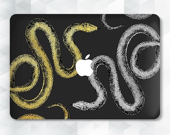 Black MacBook case Aesthetic snake MacBook Pro 13 14 Air 13 15 m2 m3 m4 Pro 16 with animals Elegant gold and silver snakes Dark trendy case