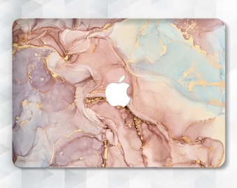 Funda de mármol para MacBook Pro 13, 16 y Air 13 (2020, 12 pulgadas), diseño abstracto, color oro rosa, rosa, azul y mármol pastel.