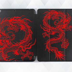 May include: Black iPad case with a red dragon design. The dragon is depicted in a traditional Chinese style with intricate details.