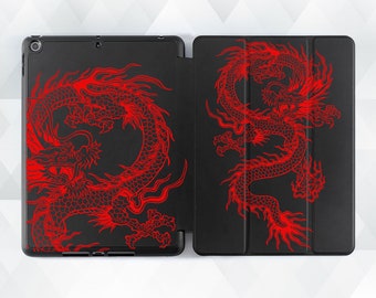 Étui pour iPad japonais Esthétique Dragon pour iPad 10.2 9th Pro 11 12,9 10,5 Air 5 10,9 Mini 6 pour homme garçons, étui rouge dragon art japonais, design tendance