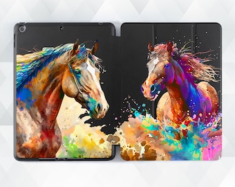 Horses iPad case Rainbow Aesthetic iPad 10.2 9th Pro 11 12.9 10.5 Air 5 10.9 Mini 6 Animals Nature Trendy Artsy Design Colorful Horse cover