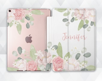 Name iPad case Cute Custom iPad 10.2 9.7 Pro 11 10.5 12.9 Air 5 4 Mini 6 for Girls Personalized Floral Pink Flowers Aesthetic Roses cover