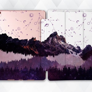 Nature iPad case Mountains Cute iPad 10.2 9.7 Pro 11 10.5 12.9 Air 4 Mini 6 Aesthetic Space Stars Trees Forest Purple Landscape Clear cover