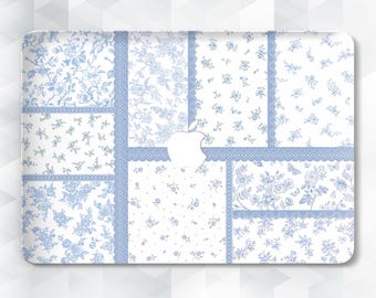 Coque MacBook esthétique fleurs bleues MacBook Pro 13 14 16 pouces Air 13 15 m2 m3 m4 Jolie courtepointe coquette florale Housse patchwork matelassée girly