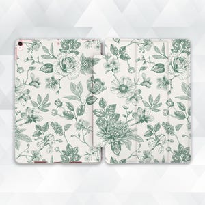 Floral iPad case Green flowers iPad Air 5th iPad 10th 9th Pro 12.9 11 10.2 10.9 Mini 6th Aesthetic vintage toile Roses Plants Trendy cover