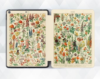May include: An open tablet case featuring a vintage botanical print of various colorful flowers. The case is beige with a black border, and the print includes the word "FLEURS" at the top. The design showcases a variety of floral illustrations.