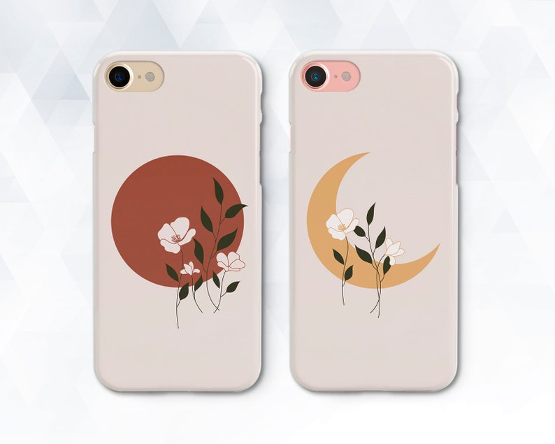 Trendy iPhone case Moon Sun iPhone 13 12 11 XR Cute case Galaxy s21 Pixel 6 Flowers Kawaii Aesthetic Elegant Nature Boho Couple Floral cover 