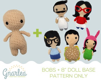 Crochet Bobs Burgers Family Collection PATTERN BUNDLE || Belcher Family - Bob - Linda - Tina - Gene - Louise + 8" Doll Base Patterns ONLY