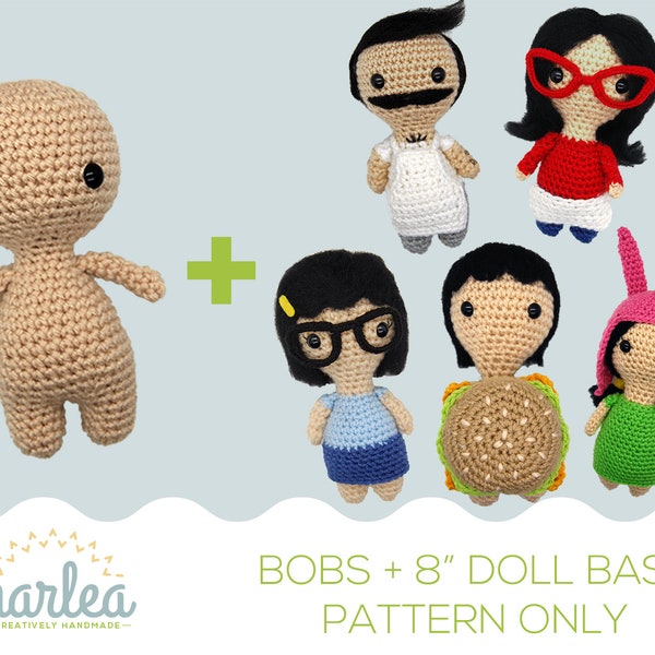 Crochet Bobs Burgers Family Collection PATTERN BUNDLE || Belcher Family - Bob - Linda - Tina - Gene - Louise + 8" Doll Base Patterns ONLY