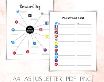 Password Keeper Log, Social Media Login Tracker (Digital Download)