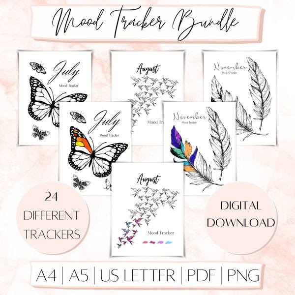 Printable Mood Tracker Bundle, Labeled and Unlabeled, 2 Years Worth, 24 Pages, US Letter, Blank, Bullet Journal, Mood Coloring Pages