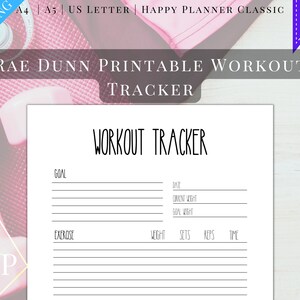 May include: Printable workout tracker with a black and white design. The tracker includes sections for goal, date, current weight, goal weight, exercise, weight, sets, reps, and time.