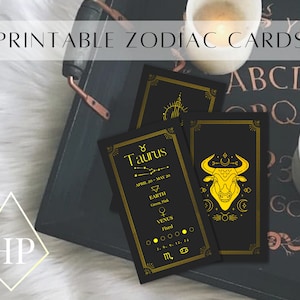 Cartes du zodiaque imprimables or sur noir, référence informationnelle, téléchargement immédiat, cartes de bricolage