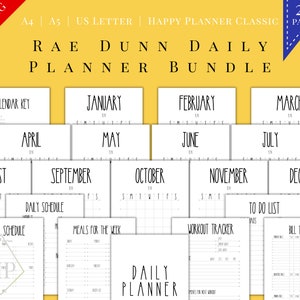 Paquete imprimible rae dunn Daily Planner, mes, financiero, comida, rastreador de entrenamiento, lista de tareas pendientes, US Letter, A4, A5, Happy Planner Classic