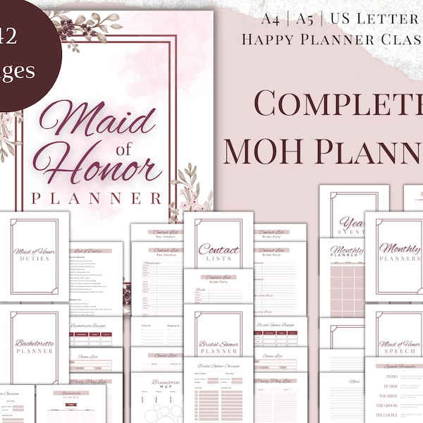 Maid of Honor Planner, Printable Bachelorette, Bridal Shower Bundle, List of Duties, Monthly Planner Pages, Happy Planner Classic