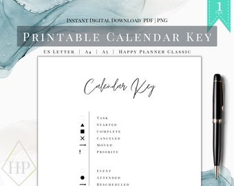 Planner Calendar Key Page Printable, Bullet Journal Legend, Planner Index Page, Instant Download, US Letter A4 A5 Happy Planner Classic