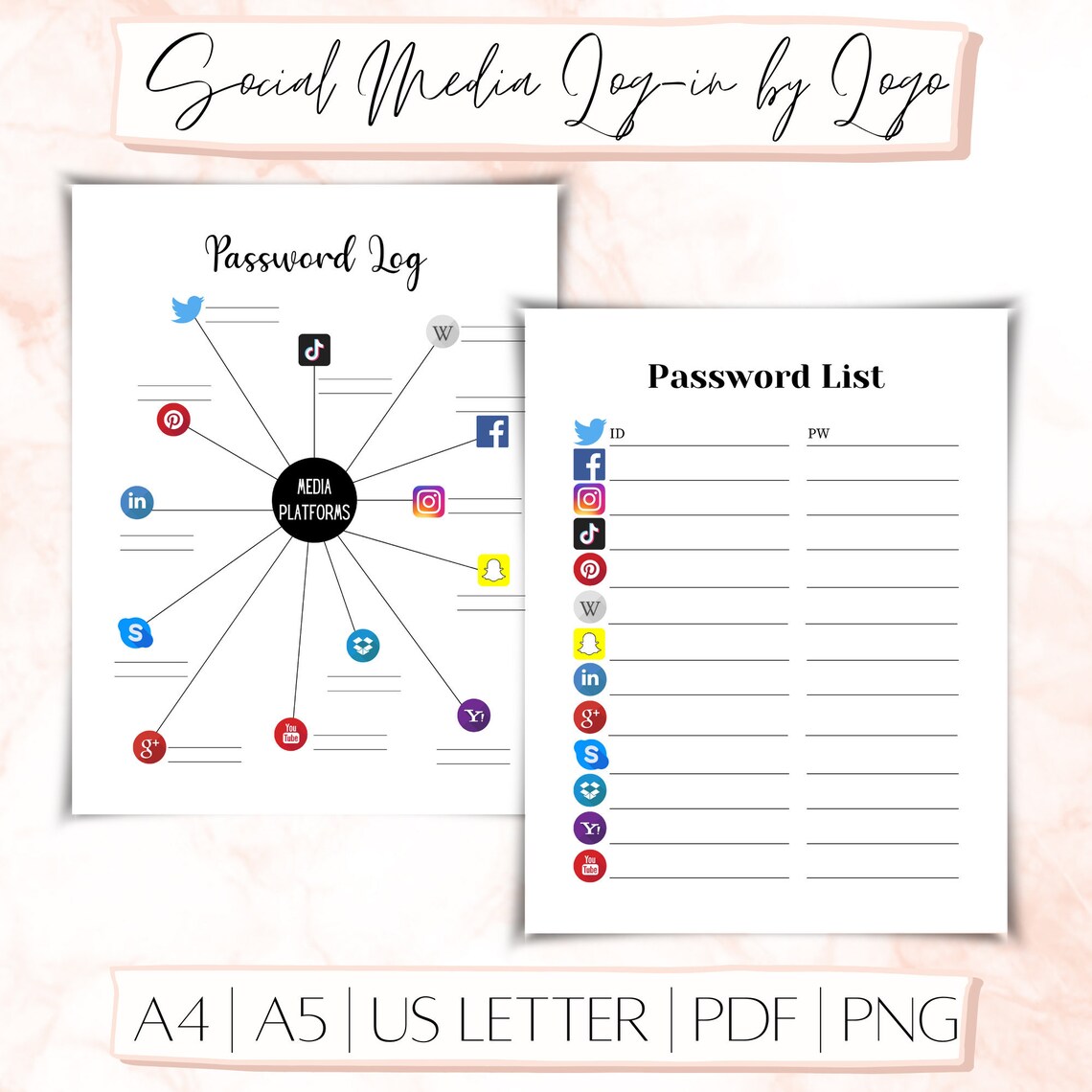 Image showcasing Printable Social Media Password Keeper, Log-in Tracker, Password List ...