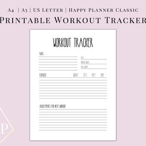 May include: Printable workout tracker page with the title "Workout Tracker" and sections for goal, exercise, weight, sets, reps, time, and adjustments for next workout.